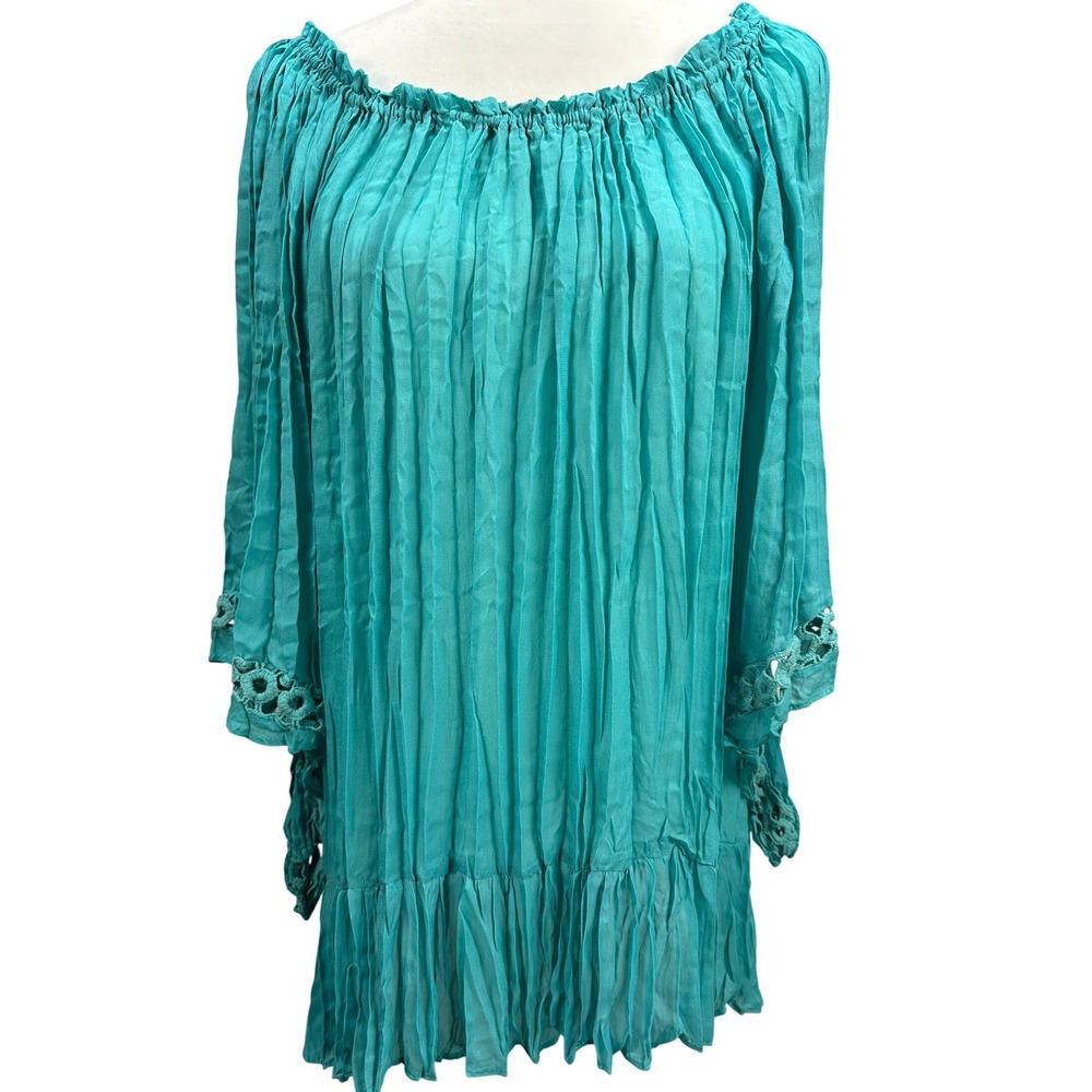 Melissa Paige Turquoise‎ Versatile Crinkle Tunic Top Crochet Bell Sleeve Teal